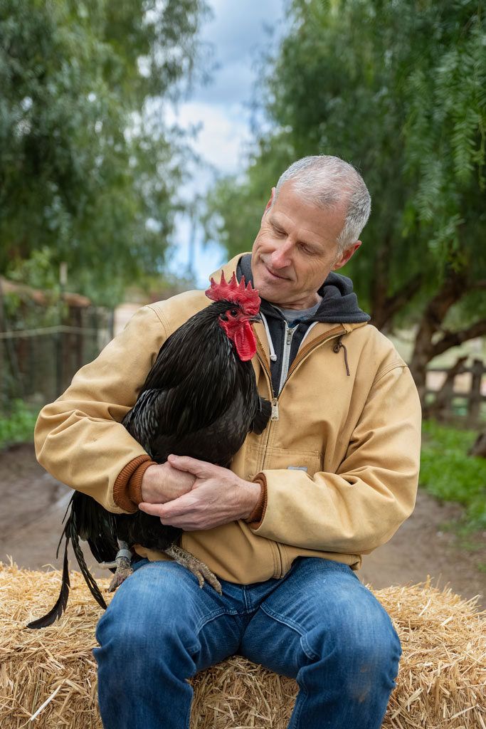 Gene Baur with rooster